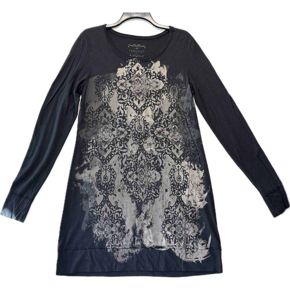 PERUVIAN CONNECTION Pima Cotton Dress Women's Size M Black Greige Boho Art Print